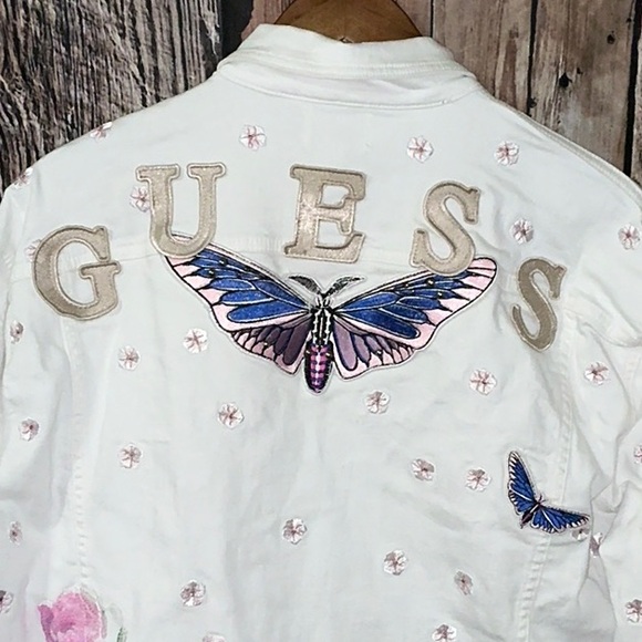 Guess, White Denim Jacket, Butterfly Sz. Large - Picture 1 of 13